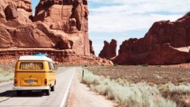 van driving through mountains