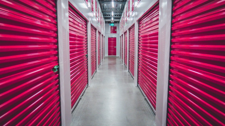 storage units with red doors