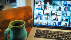 Video call with coffee mug