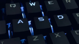 Black keyboard with blue letters