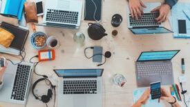 Several laptops open on a wooden table with cups and headphones