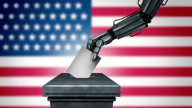 Robot voting with flag background